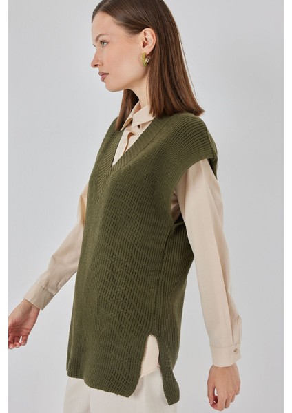 Kadın Bdart Ribanalı Dokulu Rahat Fit Triko Yelek Haki Yeşil fiyatları