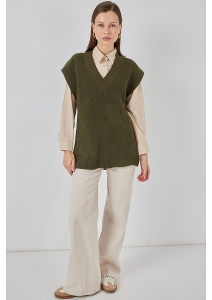 Kadın Bdart Ribanalı Dokulu Rahat Fit Triko Yelek Haki Yeşil modelleri