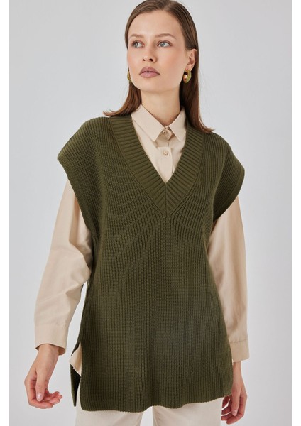 Kadın Bdart Ribanalı Dokulu Rahat Fit Triko Yelek Haki Yeşil fırsatları
