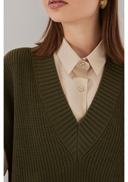 Kadın Bdart Ribanalı Dokulu Rahat Fit Triko Yelek Haki Yeşil indirimleri