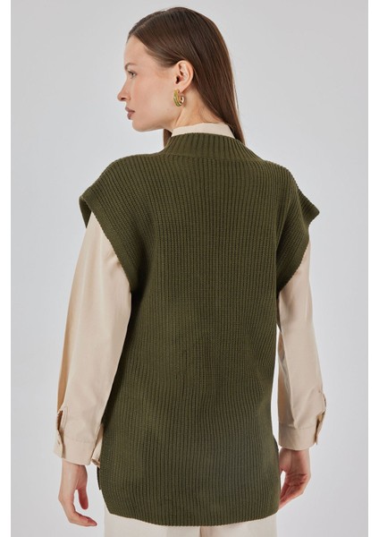 Kadın Bdart Ribanalı Dokulu Rahat Fit Triko Yelek Haki Yeşil