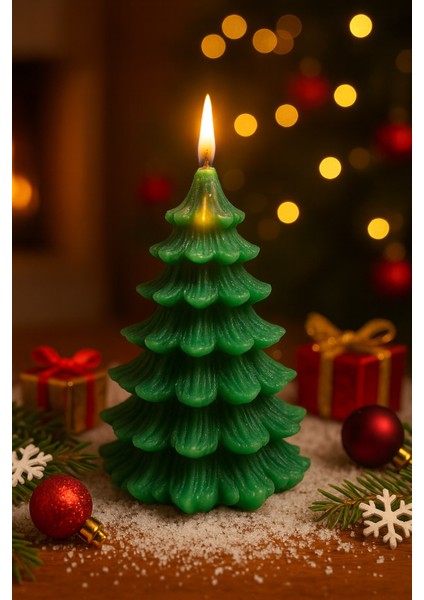 Yeni Yıl Noel Çam Ağacı Temalı Mum - Yılbaşı Sofra Süsü Dekorasyon El Yapımı Mum 13 cm