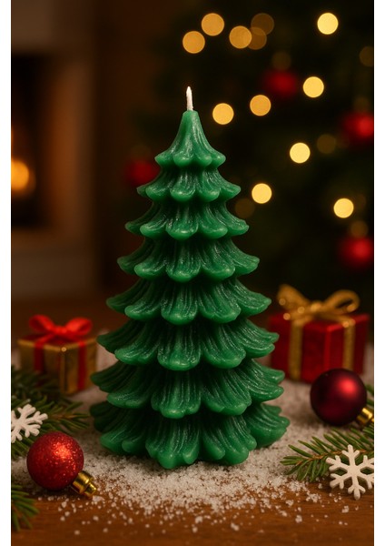 Yeni Yıl Noel Çam Ağacı Temalı Mum - Yılbaşı Sofra Süsü Dekorasyon El Yapımı Mum 13 cm modelleri