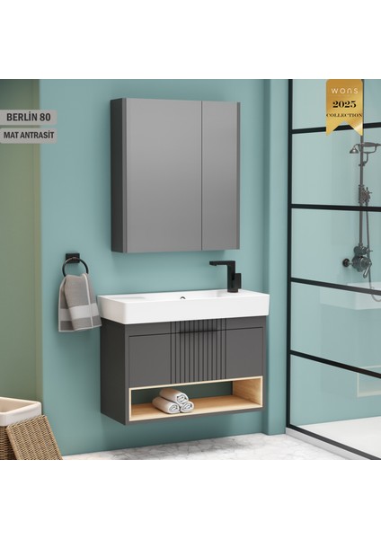 Berlin 80 cm (Bölmeli) Antrasit Banyo Dolabı
