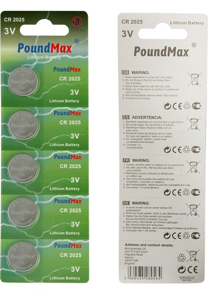 5 x CR2025 Lityum Düğme Pil, 3 V Pil, Sızdırmaz, Cıva Içermez, Uzun Ömürlü – Elektronik Küçük Cihazlar, Araba Anahtarları, Uzaktan Kumandalar, Tıbbi ve Akıllı Ev Cihazları Için