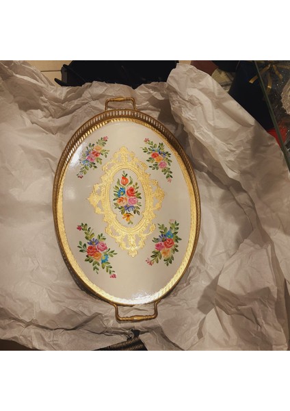 Esterhomedecor Pirinç Çerçeveli Orijinal Italyan Gül Ağacı Tepsi 6 Kişilik Lm