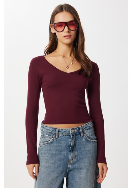 Uzun Kollu V Yaka Örme Bluz LUB0293 Bordo fiyatları