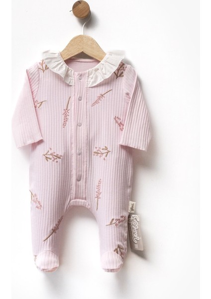 Çiçek Nakışlı Patikli Önden Çıtcıtlı Kız Bebek Tulumu