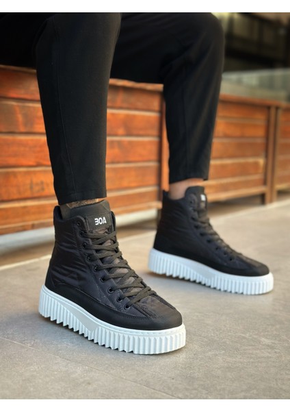 ET0811 Yüksek Beyaz Taban Siyah Paraşüt Kumaş Cilt Detaylı Yarım Bilek Spor Bot modelleri