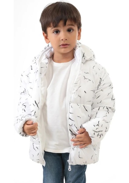 Erkek/kız Çocuk Beyaz Çıkabilir Kapüşonlu Su ve Rüzgar Geçirmez Cepli Kışlık Şişme Mont