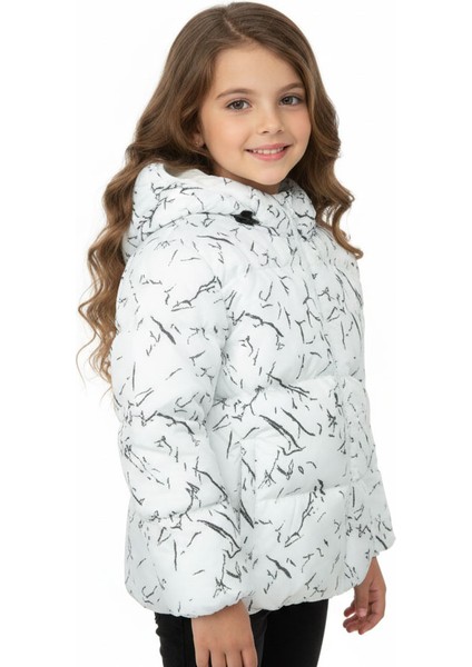 Erkek/kız Çocuk Beyaz Çıkabilir Kapüşonlu Su ve Rüzgar Geçirmez Cepli Kışlık Şişme Mont