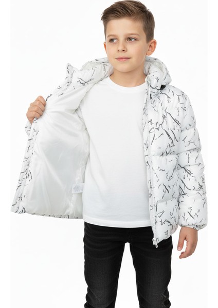 Erkek/kız Çocuk Beyaz Çıkabilir Kapüşonlu Su ve Rüzgar Geçirmez Cepli Kışlık Şişme Mont
