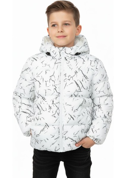 Erkek/kız Çocuk Beyaz Çıkabilir Kapüşonlu Su ve Rüzgar Geçirmez Cepli Kışlık Şişme Mont