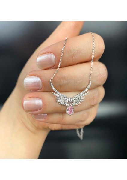 925 Ayar Gümüş Melek Kanatlı Su Damlası Pembe Taşlı Kolye fiyatları