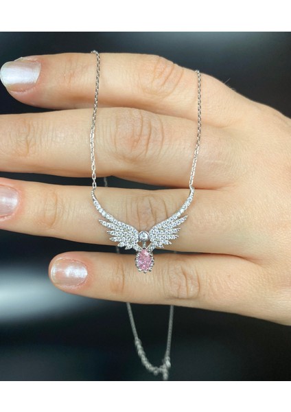 925 Ayar Gümüş Melek Kanatlı Su Damlası Pembe Taşlı Kolye