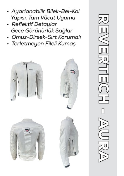 Revertech Aura Beyaz / Terletmeyen Fileli Kumaş - Bel, Dirsek ve Sırt Korumalı Motosiklet Montu