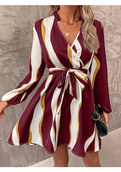 Kadın Uzun Kollu Kruvaze Yakalı Desenli Modal Mini Elbise modelleri