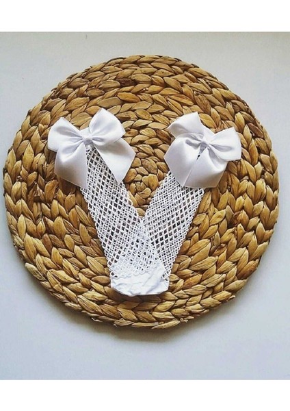 Beyaz Fileli Diz Altı Fiyonklu Kız Çocuk Çorap