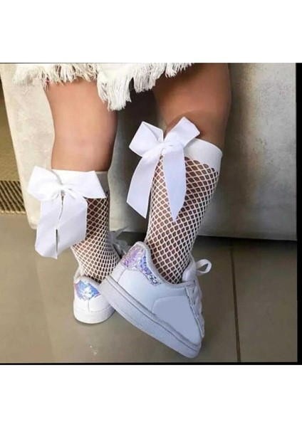Beyaz Fileli Diz Altı Fiyonklu Kız Çocuk Çorap fiyatları