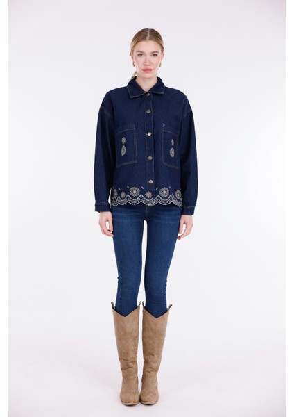 Etnik Desen Işlemeli Çift Cepli Kot Ceket Lacivert