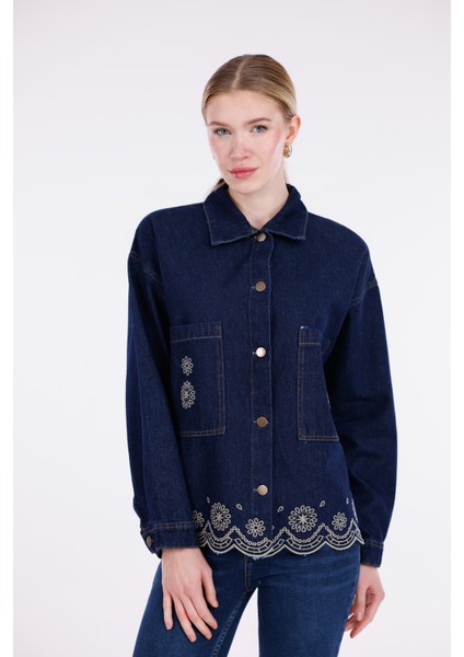 Etnik Desen Işlemeli Çift Cepli Kot Ceket Lacivert fiyatları