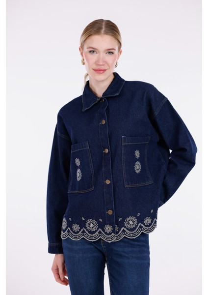 Etnik Desen Işlemeli Çift Cepli Kot Ceket Lacivert modelleri