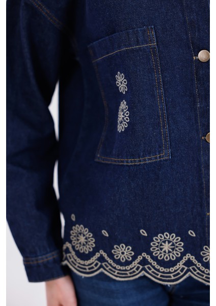 Etnik Desen Işlemeli Çift Cepli Kot Ceket Lacivert fırsatları