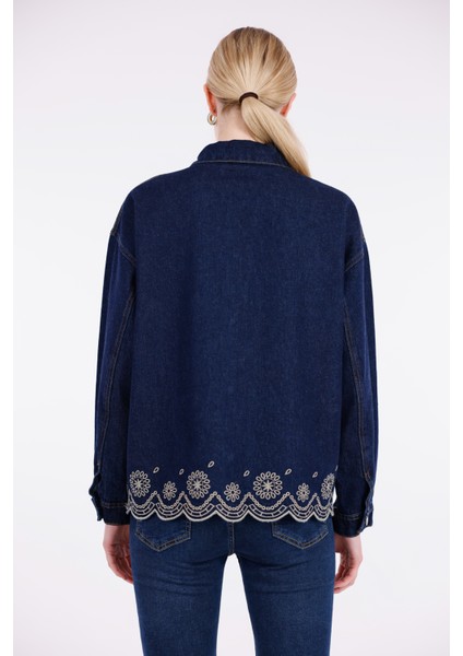 Etnik Desen Işlemeli Çift Cepli Kot Ceket Lacivert indirimleri