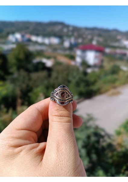 925 Ayar Gümüş Şık Tasarım Ay Yıldızlı Detay Erkek Yüzük – El Işçiliği - Oval - Yan Kenarları Işlemeli fiyatları