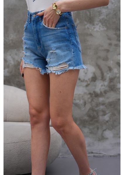 Koyu Mavi Jean Şort