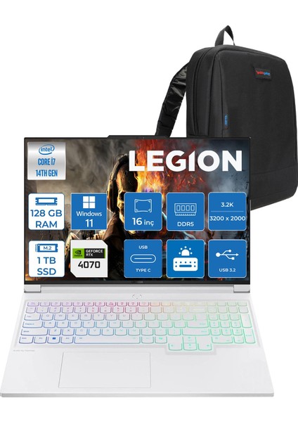 Legion 7 16IRX9 Intel Core I7 14700HX 128GB Ddr5 1tb SSD Windows 11 Home RTX4070 8gb Gddr6 16 Inç 3.2k (3200X2000) IPS 430NITS 165Hz Taşınabilir Bilgisayar 83FD005KTRH50 + Zetta Çanta
