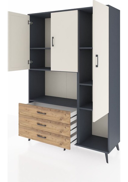 Hyperion Dolap 6 Raflı 3 Çekmeceli 3 Kapaklı 132X44X195 Antrasit-Aytaşı/çam modelleri