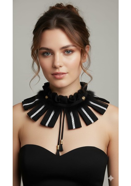 Kadın Siyah Fırfırlı Choker Kolye – Şerit ve Püskül Detaylı Trend Boyun Aksesuarı
