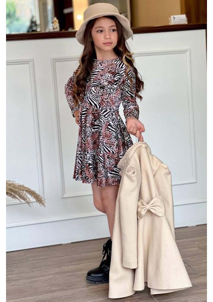 Kız Çocuk Leopar Desen Elbise Taş Işleme Yaka Boydan Düğme ve Kemer Detaylı Krem Kaşe Kaban fiyatları