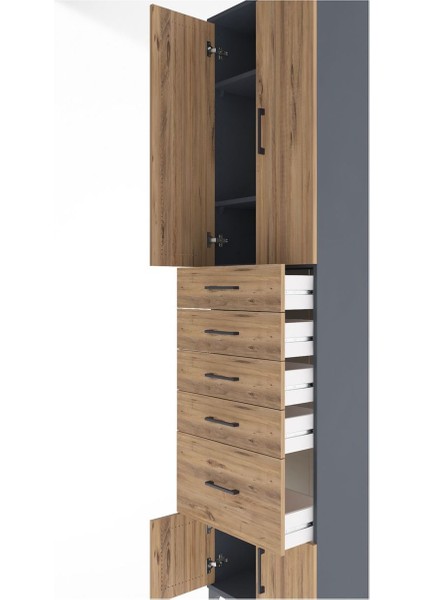 Arges Dolap 3 Raflı 5 Çekmeceli 4 Kapaklı 60X30X243 Antrasit-Çam indirimleri