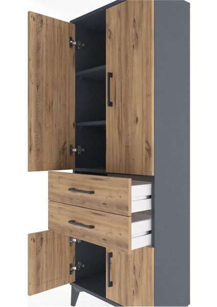 Arges Dolap 3 Raflı 2 Çekmeceli 4 Kapaklı 60X30X163 Antrasit-Çam indirimleri