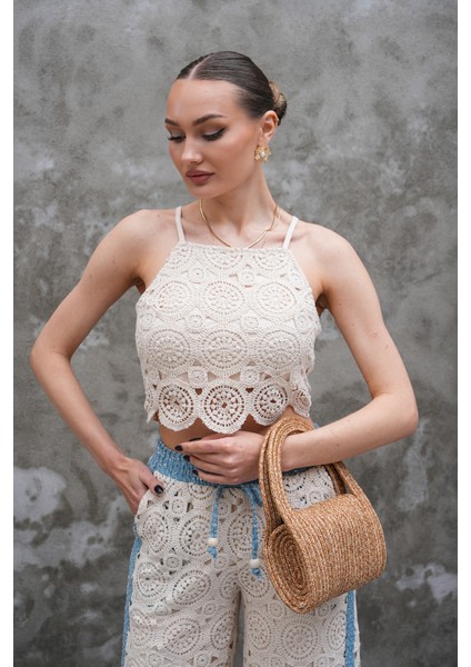 Krem Rengi Güpürlü Örme Crop Bluz fiyatları