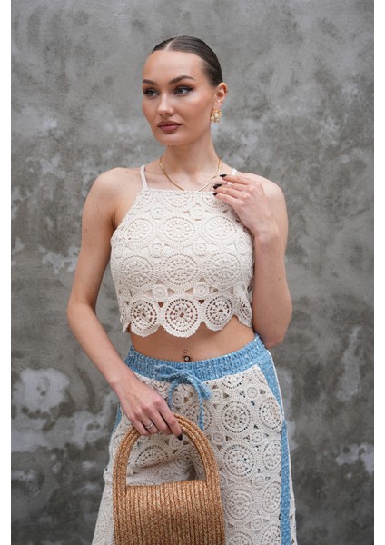 Krem Rengi Güpürlü Örme Crop Bluz modelleri