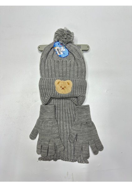 4-8 Yaş 3'lu Ayıcıklı Cocuk Atkı Bere Eldiven Set