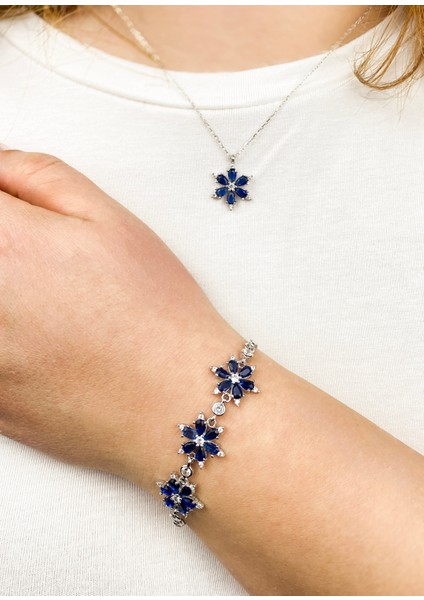 925 Ayar Gümüş Lacivert Lotus Set Kolye ve Bileklik - Anneler Günü, Doğum Günü, Yıl Dönümü