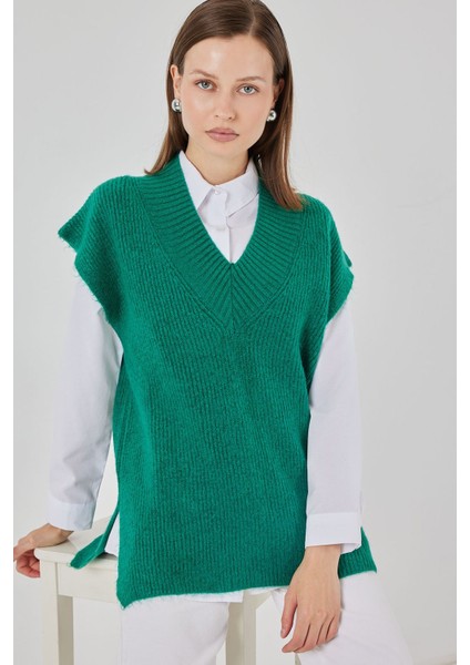 Kadın Bdart Ribanalı Dokulu Rahat Fit Triko Yelek Zümrüt Yeşili
