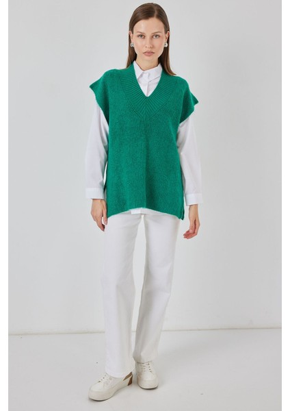 Kadın Bdart Ribanalı Dokulu Rahat Fit Triko Yelek Zümrüt Yeşili fiyatları