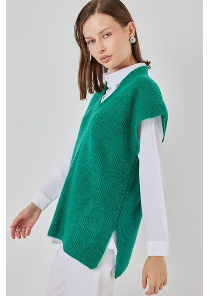 Kadın Bdart Ribanalı Dokulu Rahat Fit Triko Yelek Zümrüt Yeşili modelleri