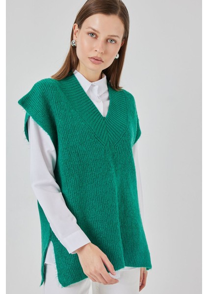 Kadın Bdart Ribanalı Dokulu Rahat Fit Triko Yelek Zümrüt Yeşili fırsatları
