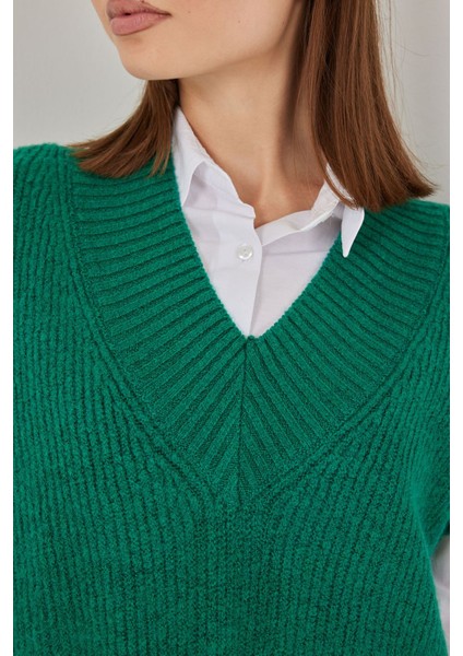 Kadın Bdart Ribanalı Dokulu Rahat Fit Triko Yelek Zümrüt Yeşili indirimleri