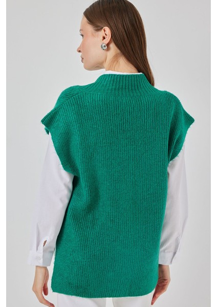 Kadın Bdart Ribanalı Dokulu Rahat Fit Triko Yelek Zümrüt Yeşili