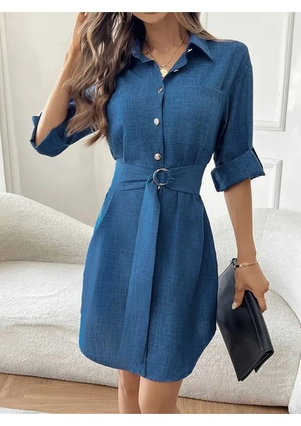 Kadın Uzun Kollu Yakalı Önden Düğmeli Beli Kuşaklı Mini Ithal Keten Elbise