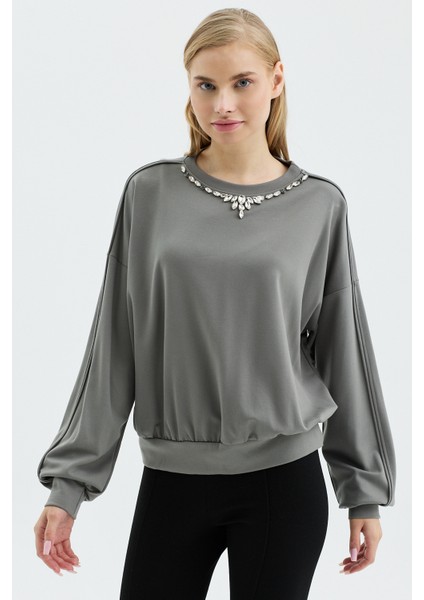 Kadın Oversize Yuvarlak Yakalı Örme Sweatshirt fiyatları