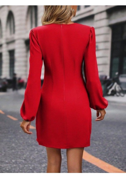Kadın Uzun Kollu Kruvaze Yakalı Yanlardan Büzgü Detaylı Ithal Krep Kısa Elbise indirimleri