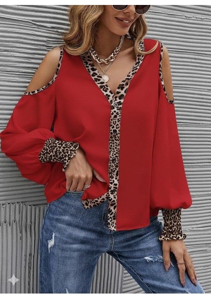 Kadın Omuzlardan Açık Yakalı Önden Düğmeli Leopar Detaylı Sandy Bluz modelleri